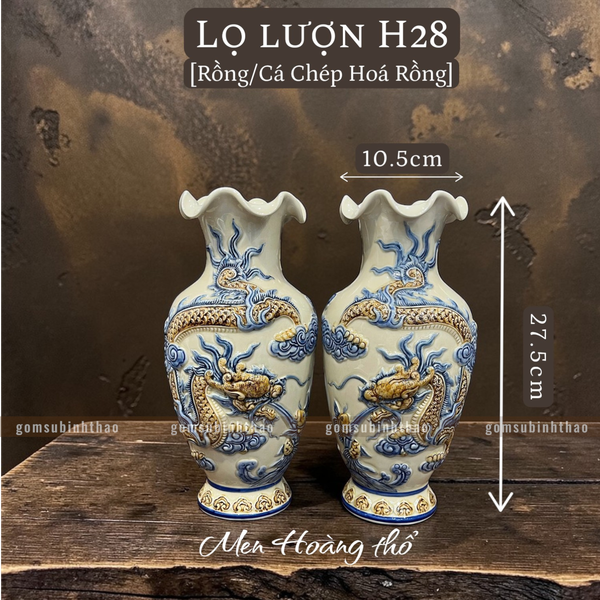  Lọ hoa miệng lượn Rồng Phượng Men hoàng thổ Đắp nổi Cao cấp - Gốm Nghệ nhân Bát Tràng 