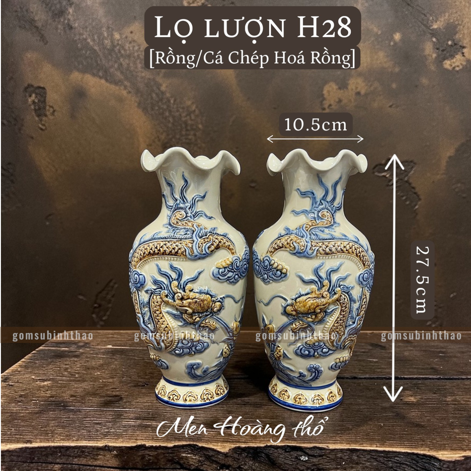  Lọ hoa miệng lượn Rồng Phượng Men hoàng thổ Đắp nổi Cao cấp - Gốm Nghệ nhân Bát Tràng 