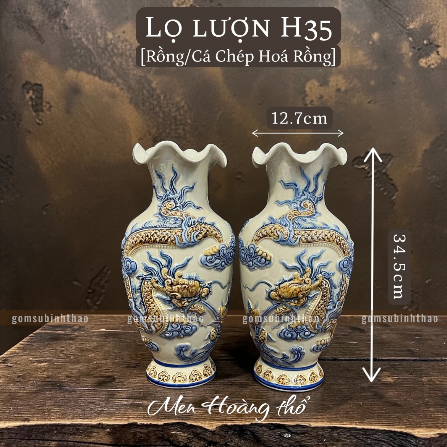  Lọ hoa miệng lượn Rồng Phượng Men hoàng thổ Đắp nổi Cao cấp - Gốm Nghệ nhân Bát Tràng 