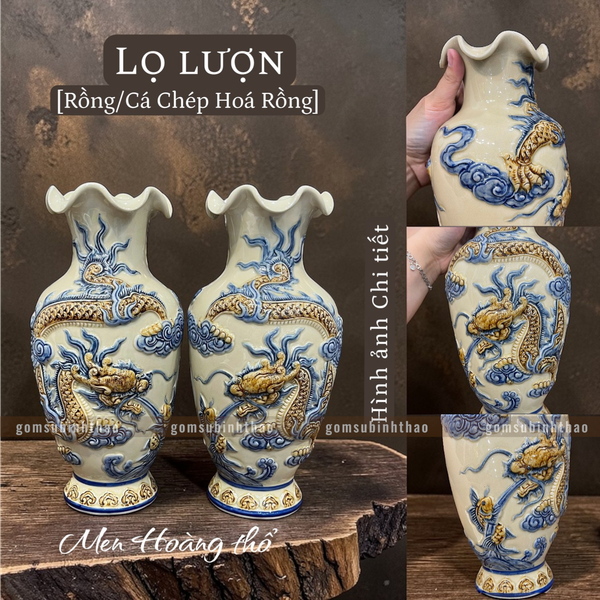  Lọ hoa miệng lượn Rồng Phượng Men hoàng thổ Đắp nổi Cao cấp - Gốm Nghệ nhân Bát Tràng 