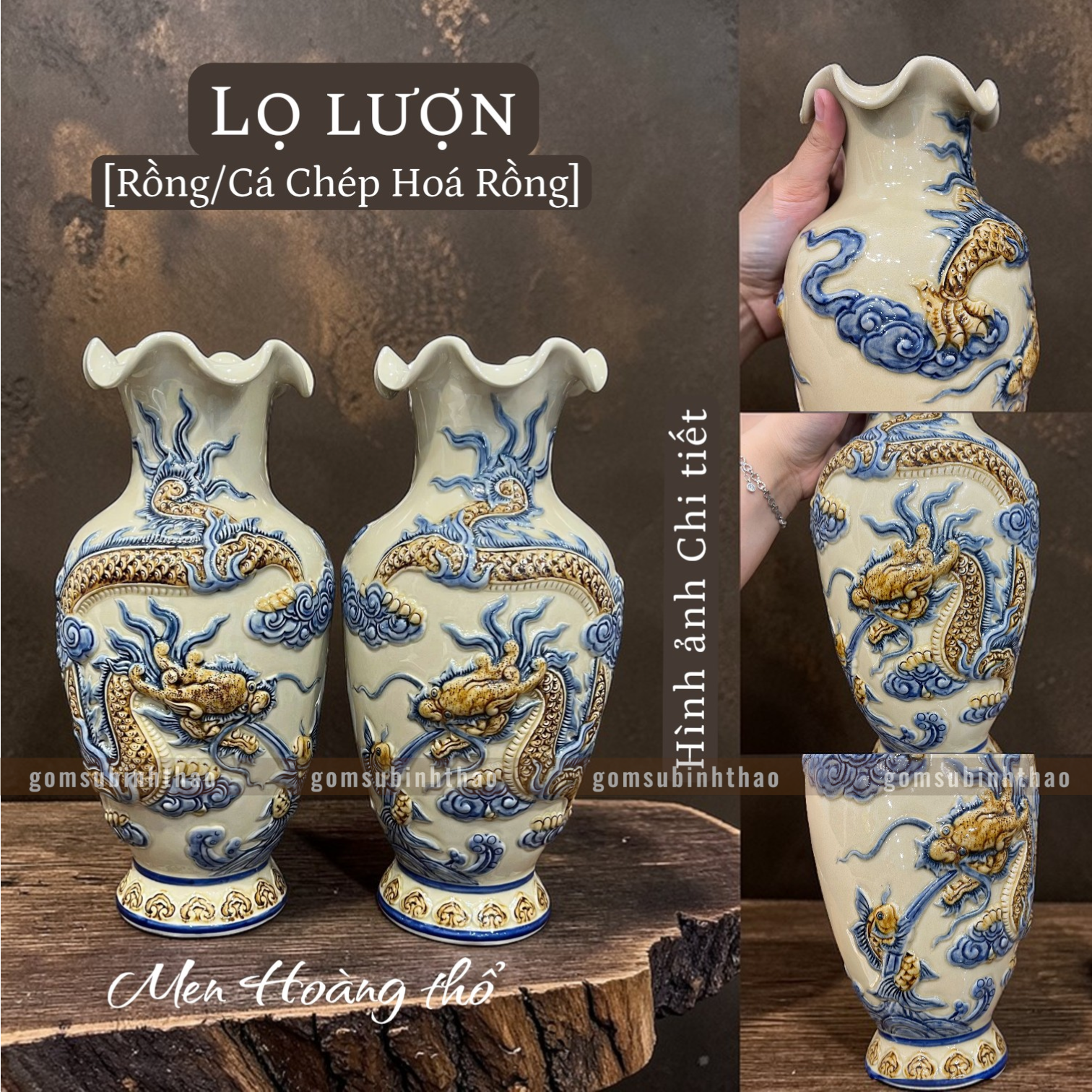  Lọ hoa miệng lượn Rồng Phượng Men hoàng thổ Đắp nổi Cao cấp - Gốm Nghệ nhân Bát Tràng 