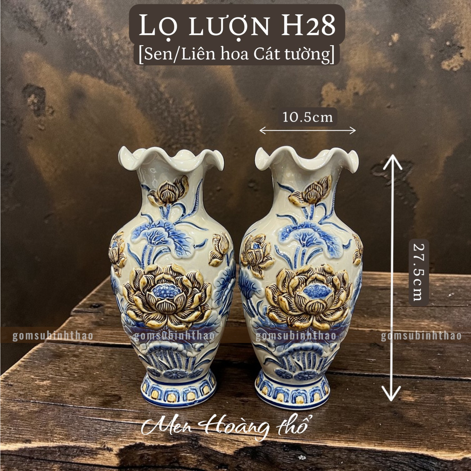  Lọ hoa miệng lượn Sen Men hoàng thổ Đắp nổi Cao cấp - Gốm Nghệ nhân Bát Tràng 