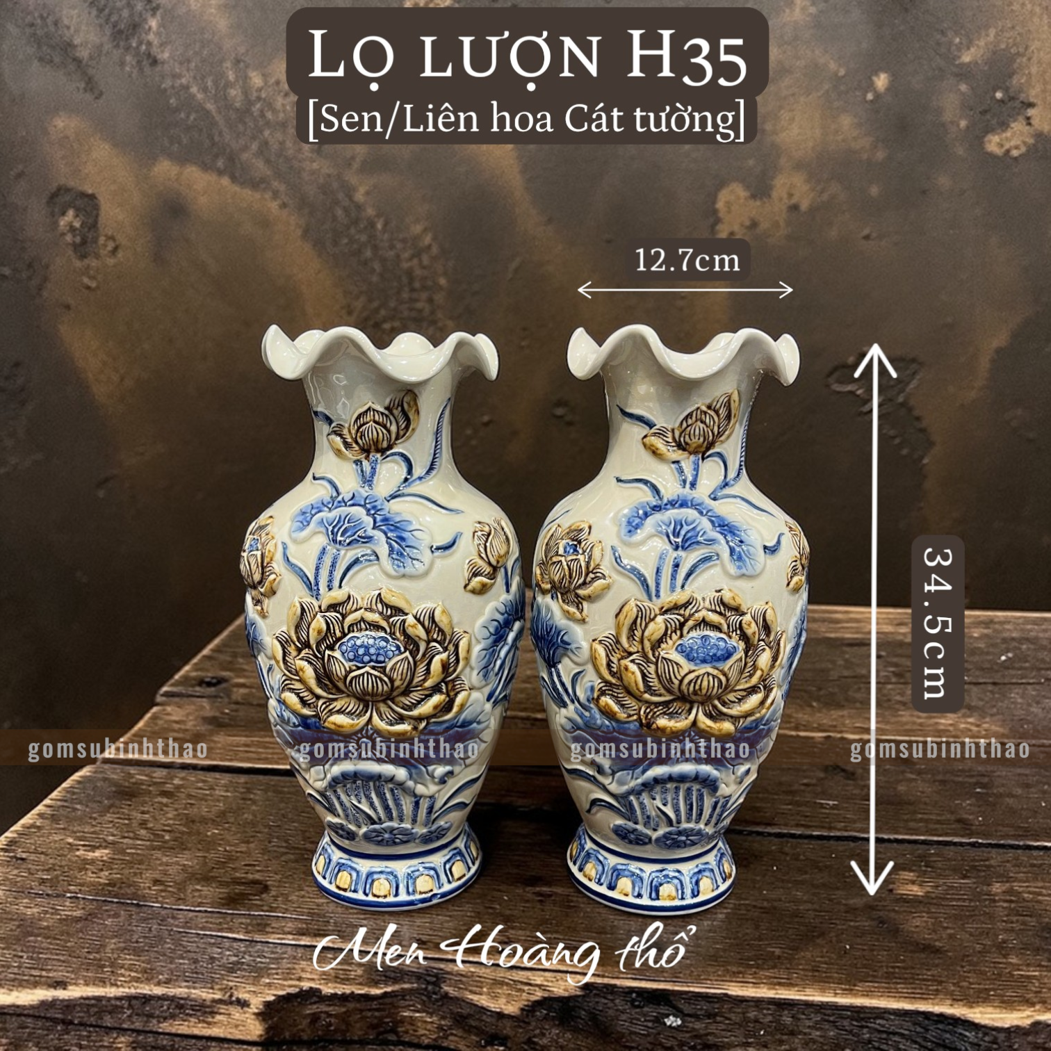  Lọ hoa miệng lượn Sen Men hoàng thổ Đắp nổi Cao cấp - Gốm Nghệ nhân Bát Tràng 