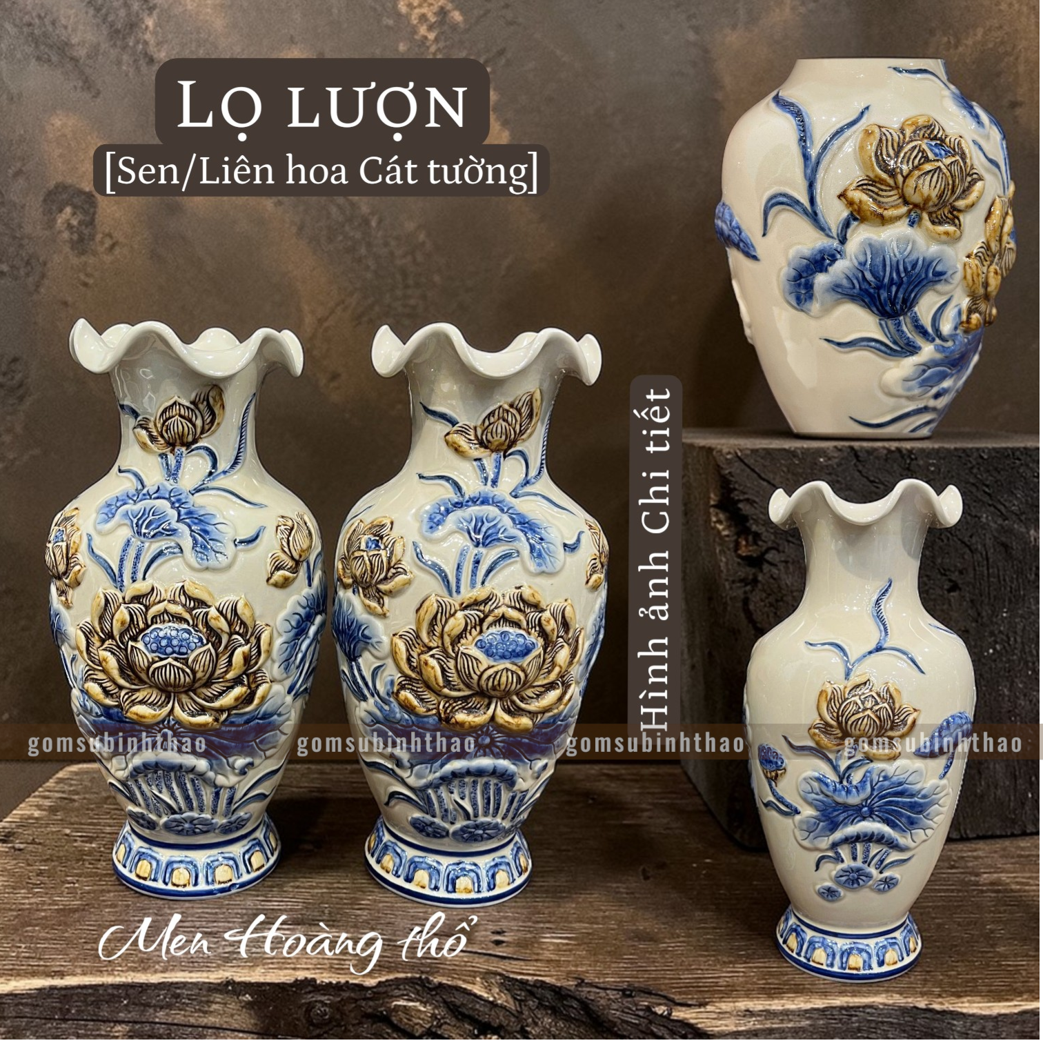  Lọ hoa miệng lượn Sen Men hoàng thổ Đắp nổi Cao cấp - Gốm Nghệ nhân Bát Tràng 