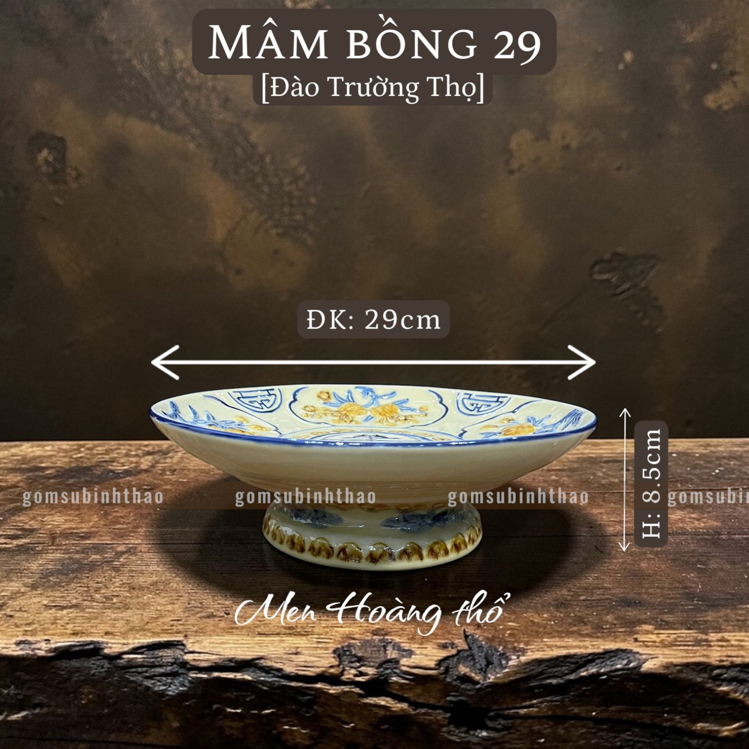  Mâm bồng Men hoàng thổ Đắp nổi Cao cấp - Gốm Nghệ nhân Bát Tràng 