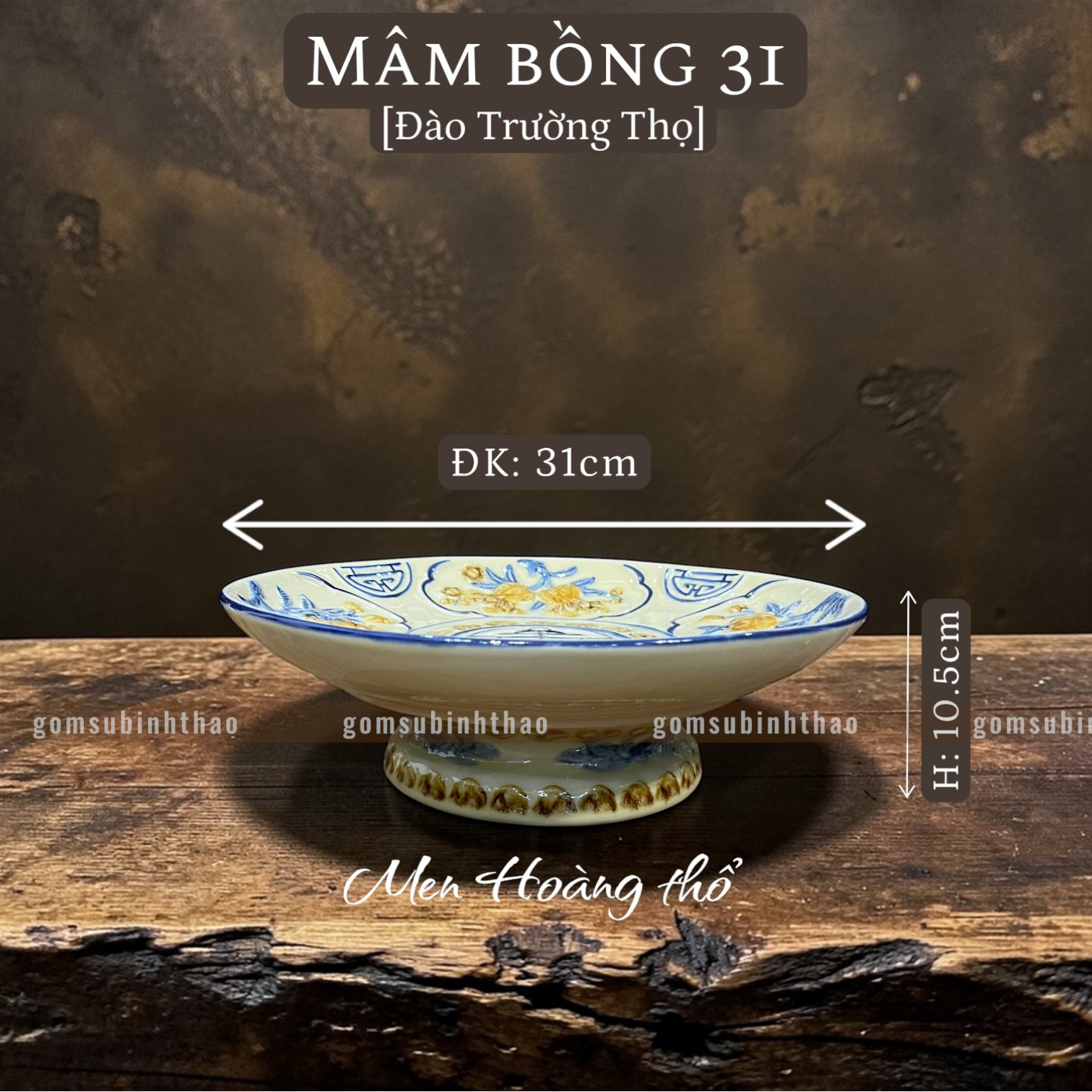  Mâm bồng Men hoàng thổ Đắp nổi Cao cấp - Gốm Nghệ nhân Bát Tràng 