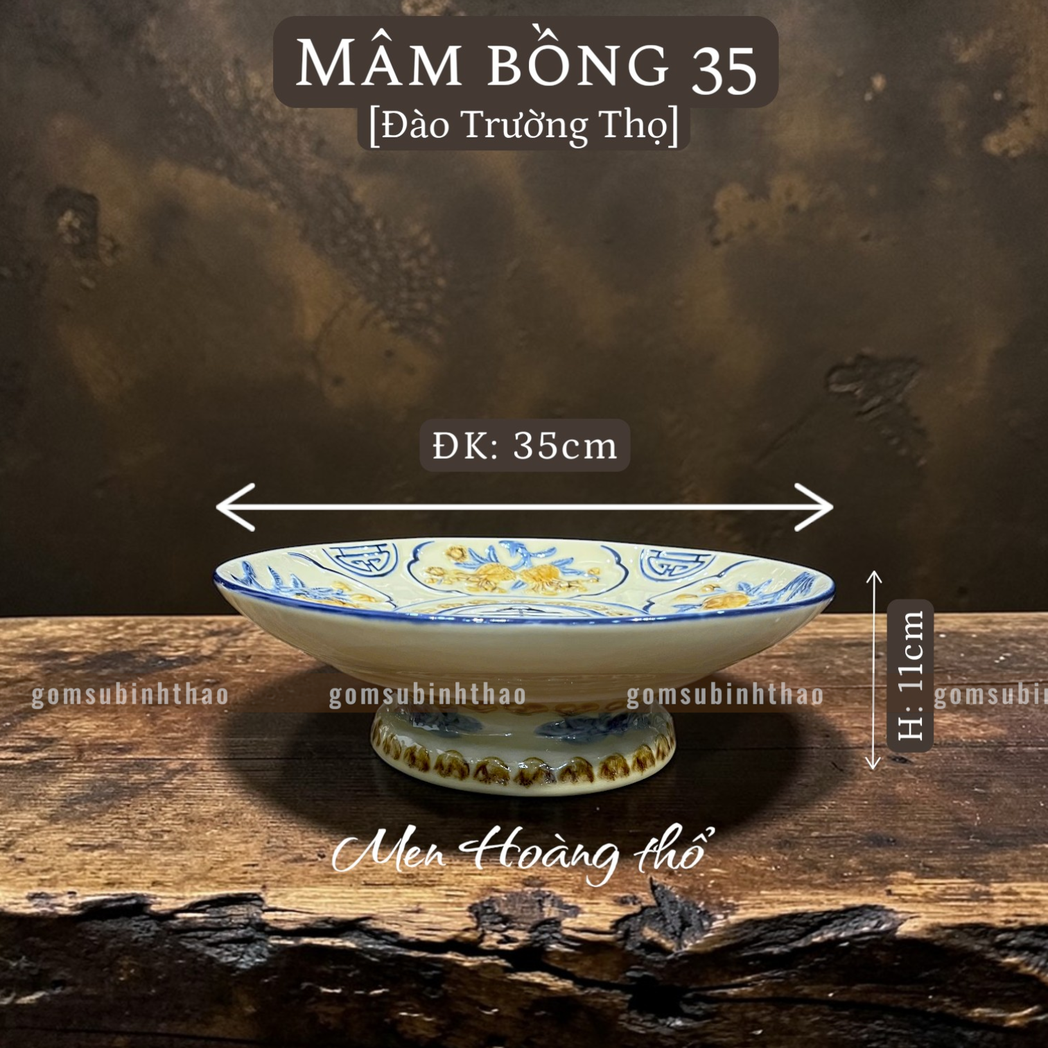 Mâm bồng Men hoàng thổ Đắp nổi Cao cấp - Gốm Nghệ nhân Bát Tràng 