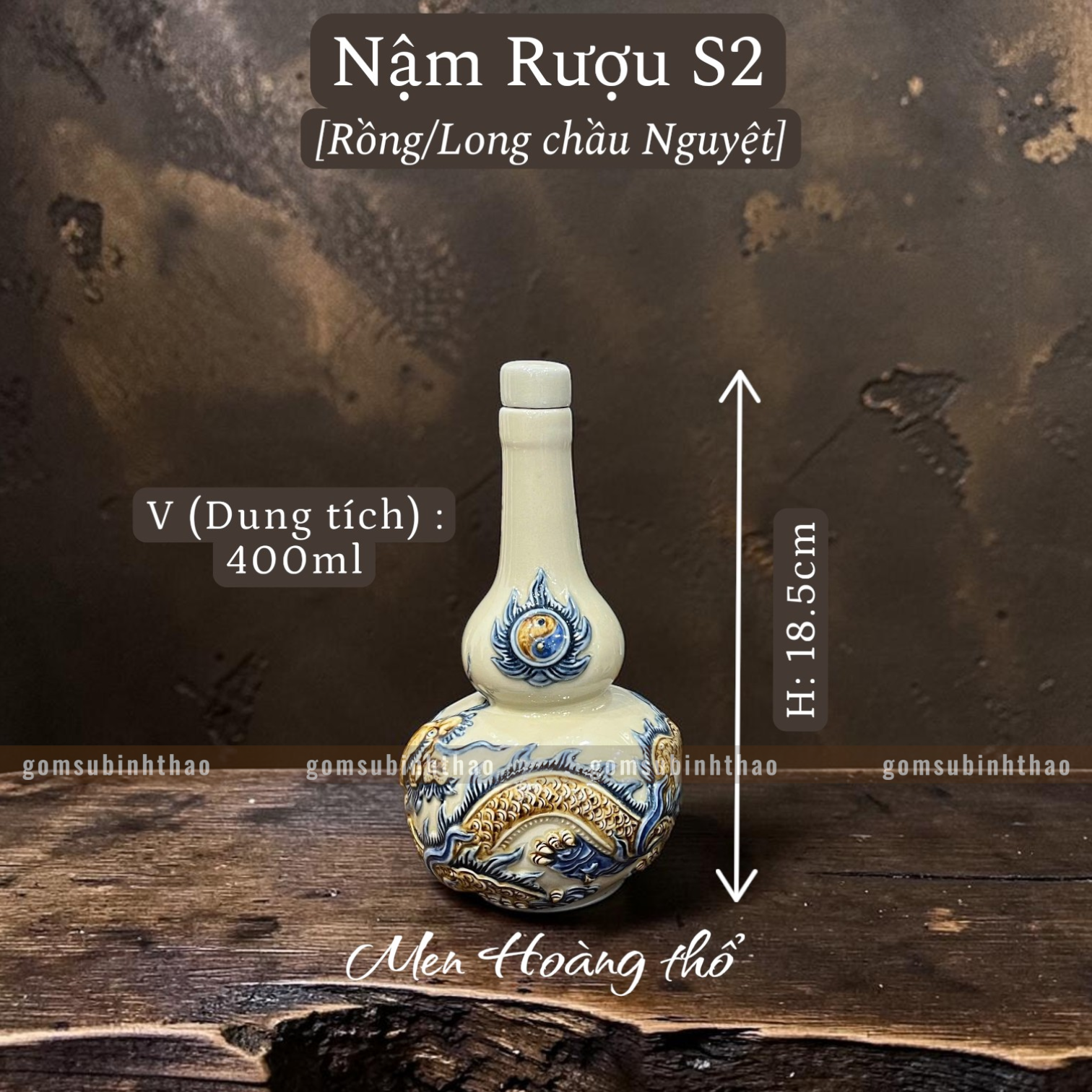  Nậm rượu Rồng Men hoàng thổ Đắp nổi Cao cấp - Gốm Nghệ nhân Bát Tràng 