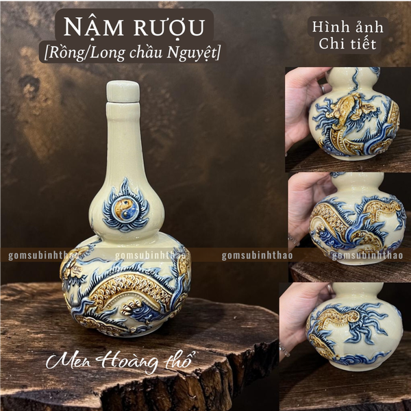 Nậm rượu Rồng Men hoàng thổ Đắp nổi Cao cấp - Gốm Nghệ nhân Bát Tràng 
