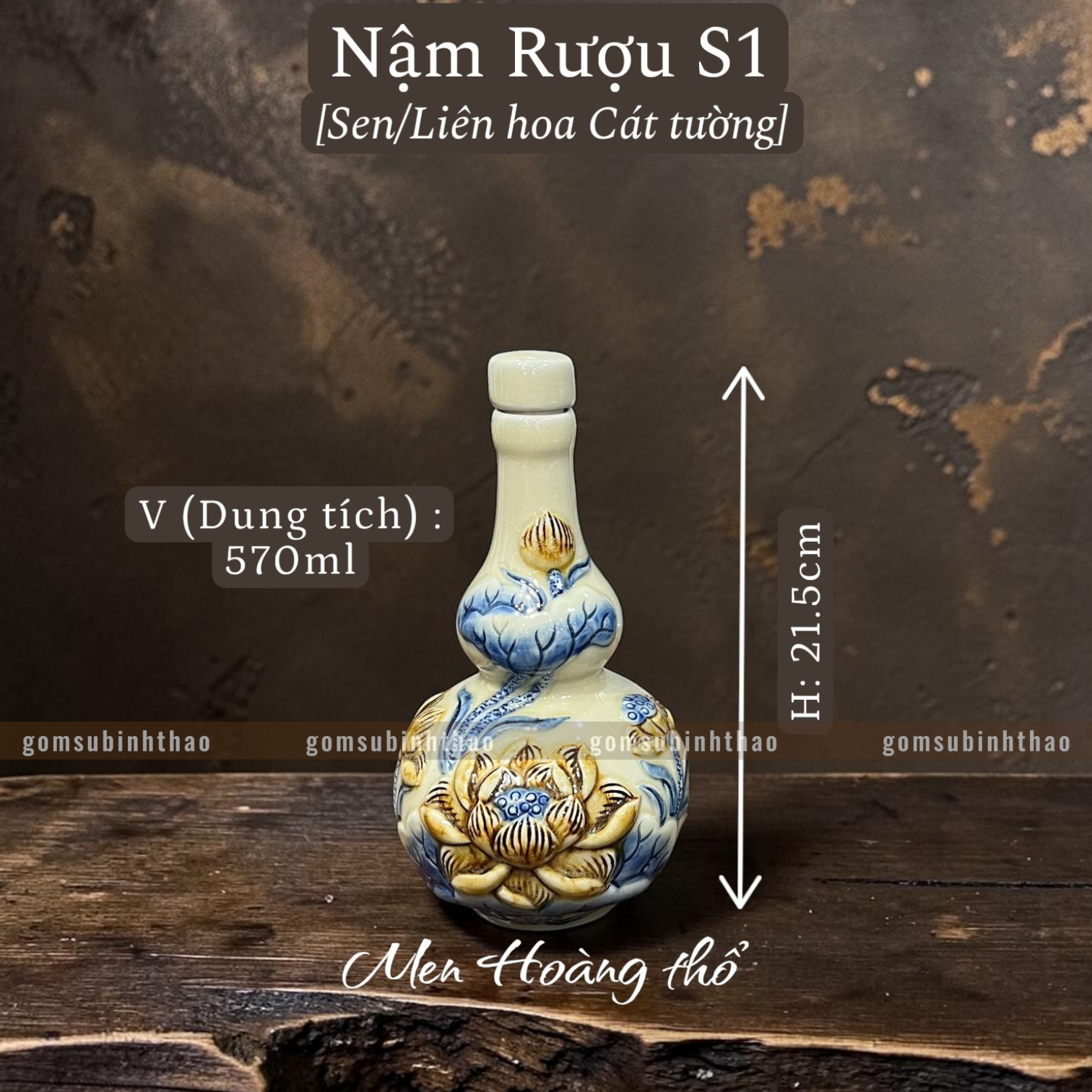  Nậm rượu Sen Men hoàng thổ Đắp nổi Cao cấp - Gốm Nghệ nhân Bát Tràng 