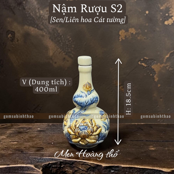  Nậm rượu Sen Men hoàng thổ Đắp nổi Cao cấp - Gốm Nghệ nhân Bát Tràng 