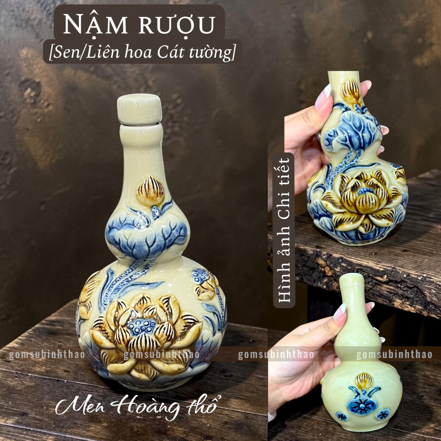 Nậm rượu Sen Men hoàng thổ Đắp nổi Cao cấp - Gốm Nghệ nhân Bát Tràng 