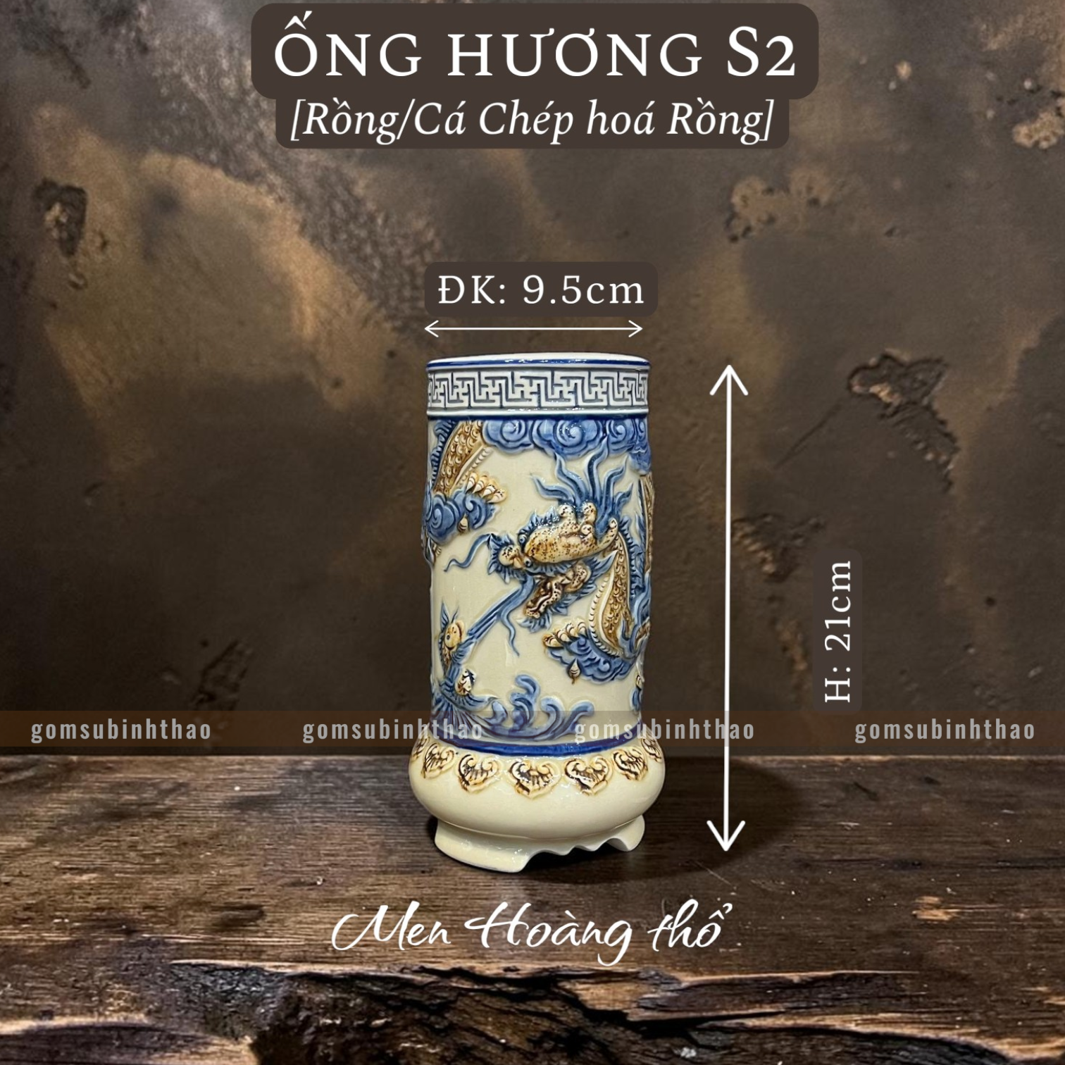  Ống hương Rồng Men hoàng thổ Đắp nổi Cao cấp - Gốm Nghệ nhân Bát Tràng 