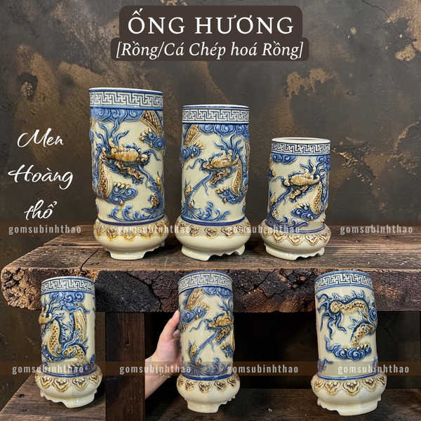  Ống hương Rồng Men hoàng thổ Đắp nổi Cao cấp - Gốm Nghệ nhân Bát Tràng 