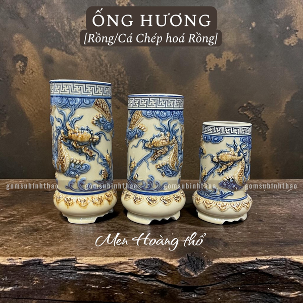  Ống hương Rồng Men hoàng thổ Đắp nổi Cao cấp - Gốm Nghệ nhân Bát Tràng 