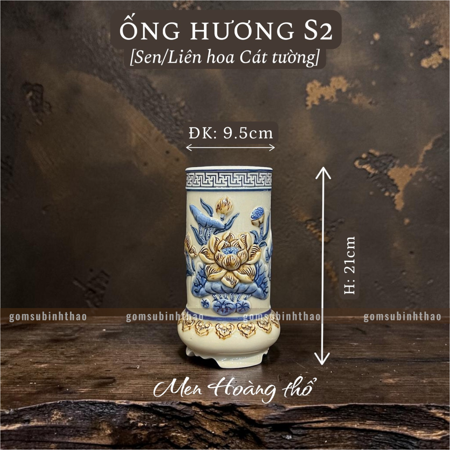  Ống hương Sen Men hoàng thổ Đắp nổi Cao cấp - Gốm Nghệ nhân Bát Tràng 