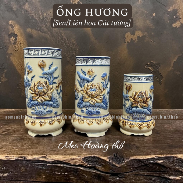  Ống hương Sen Men hoàng thổ Đắp nổi Cao cấp - Gốm Nghệ nhân Bát Tràng 