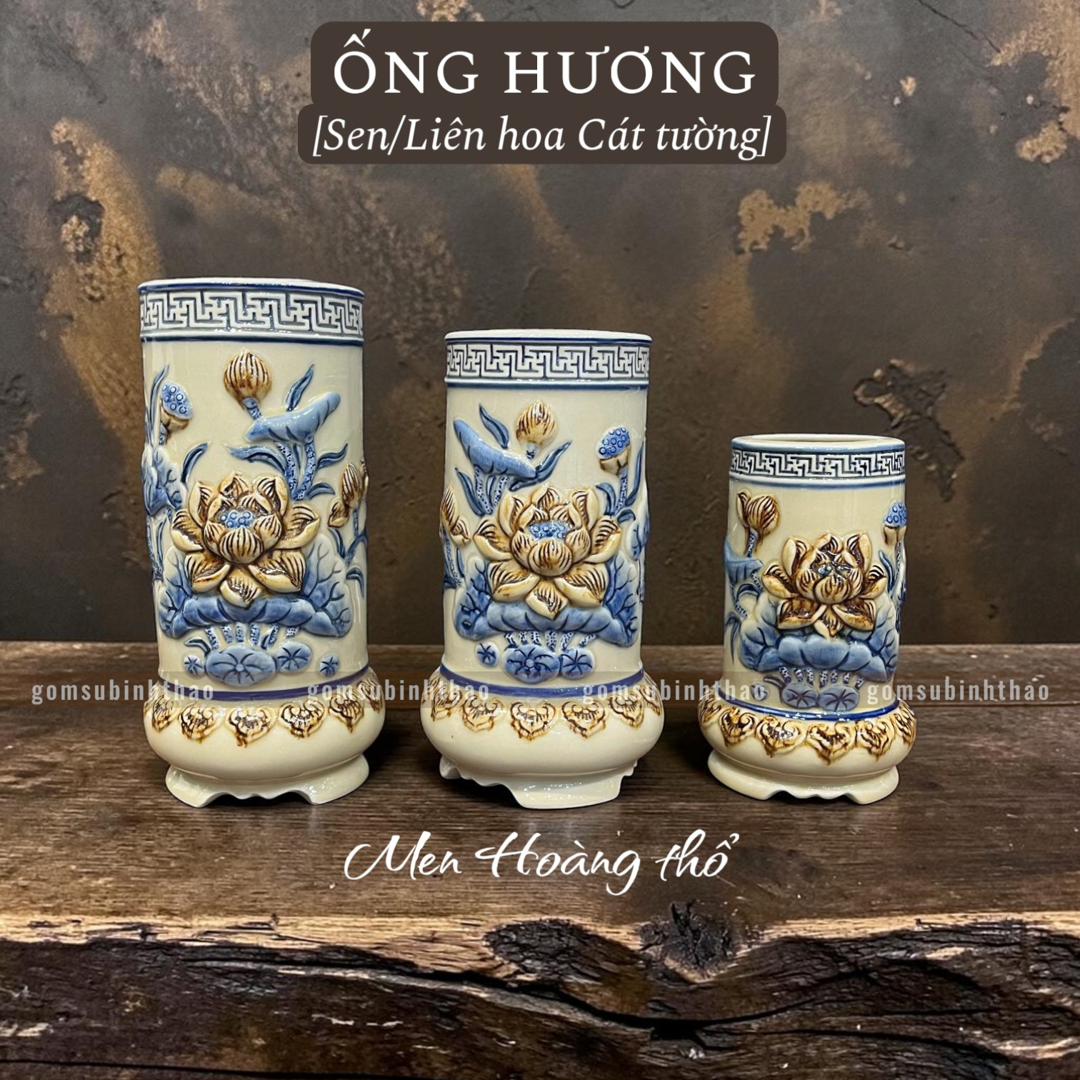  Ống hương Sen Men hoàng thổ Đắp nổi Cao cấp - Gốm Nghệ nhân Bát Tràng 
