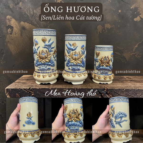  Ống hương Sen Men hoàng thổ Đắp nổi Cao cấp - Gốm Nghệ nhân Bát Tràng 