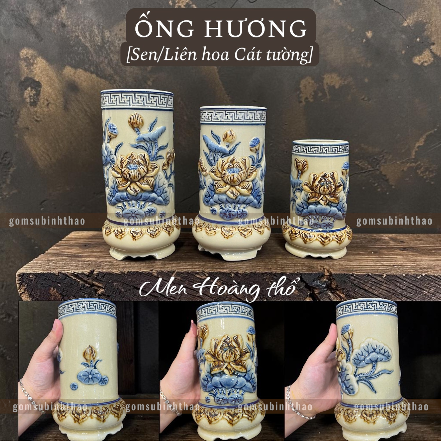  Ống hương Sen Men hoàng thổ Đắp nổi Cao cấp - Gốm Nghệ nhân Bát Tràng 