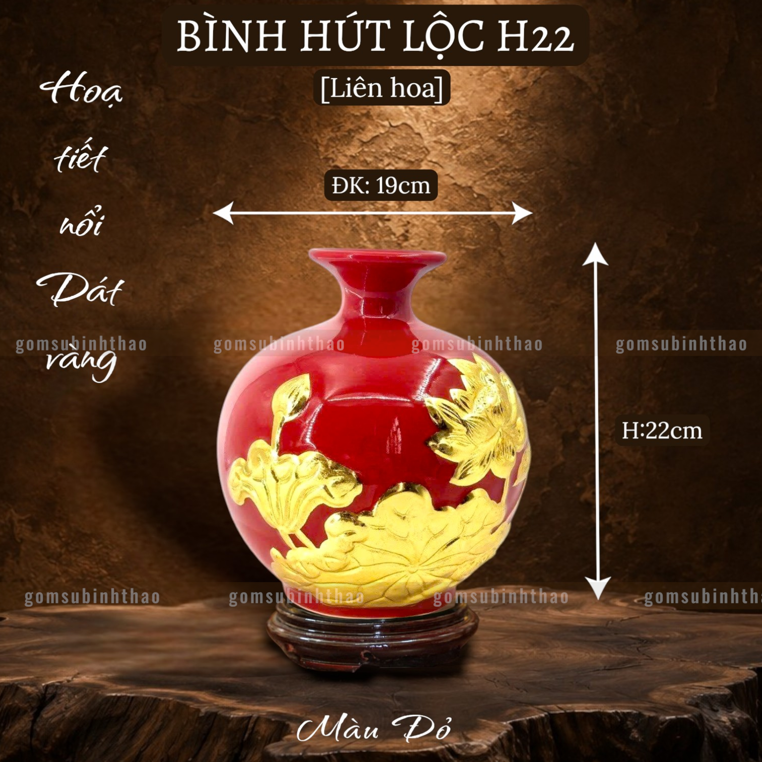  Bình hút lộc men màu họa tiết vàng 24K đắp nổi 3D 