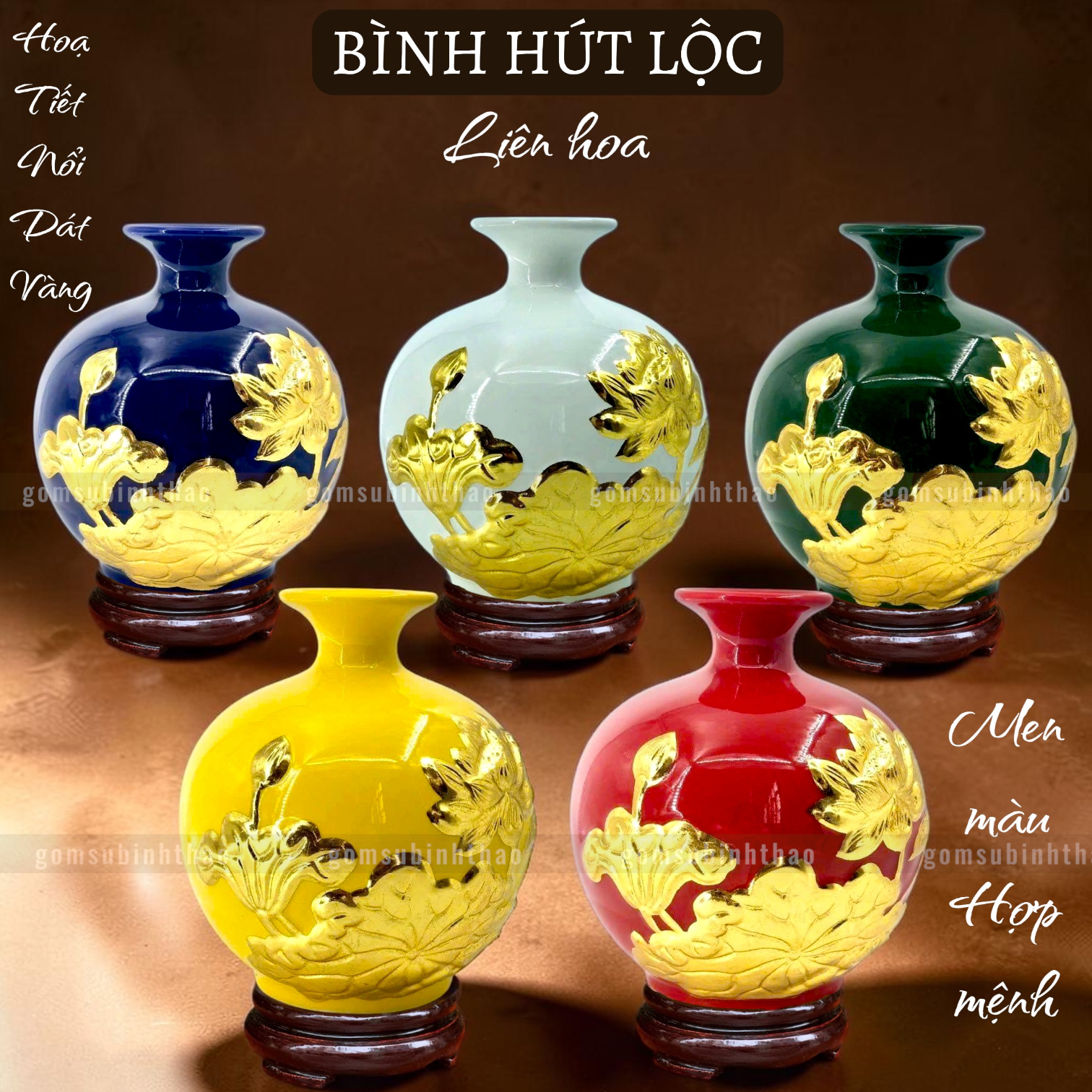  Bình hút lộc men màu họa tiết vàng 24K đắp nổi 3D 