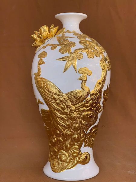  Bình mai men màu đắp nổi dát vàng họa tiết CÔNG THÀNH DANH TOẠI hàng Bát Tràng chính hãng BMVHCDDTDV 