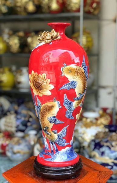  Bình mai men màu đắp nổi 3D họa tiết SEN CÁ hàng Bát Tràng chính hãng BMVHSC 