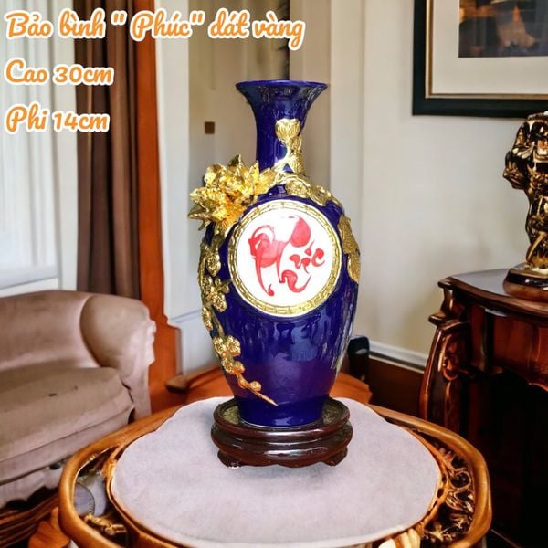  Bảo bình men màu đắp nổi dát vàng 24K họa tiết CHỮ PHÚC hàng Bát Tràng cao cấp BBVHPDV 