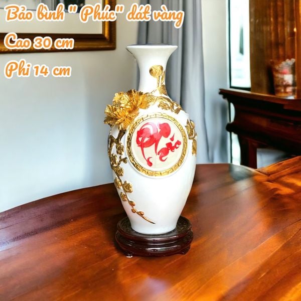  Bảo bình men màu đắp nổi dát vàng 24K họa tiết CHỮ PHÚC hàng Bát Tràng cao cấp BBVHPDV 