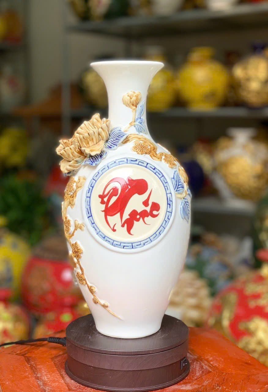  Bảo bình men màu đắp nổi 3D họa tiết CHỮ PHÚC hàng Bát Tràng cao cấp BBVHP 