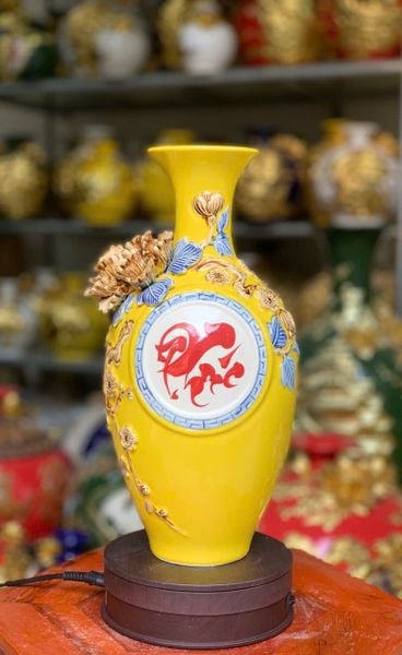  Bảo bình men màu đắp nổi 3D họa tiết CHỮ PHÚC hàng Bát Tràng cao cấp BBVHP 