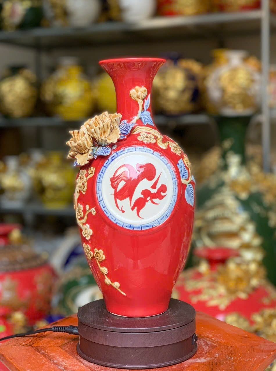  Bảo bình men màu đắp nổi 3D họa tiết CHỮ PHÚC hàng Bát Tràng cao cấp BBVHP 