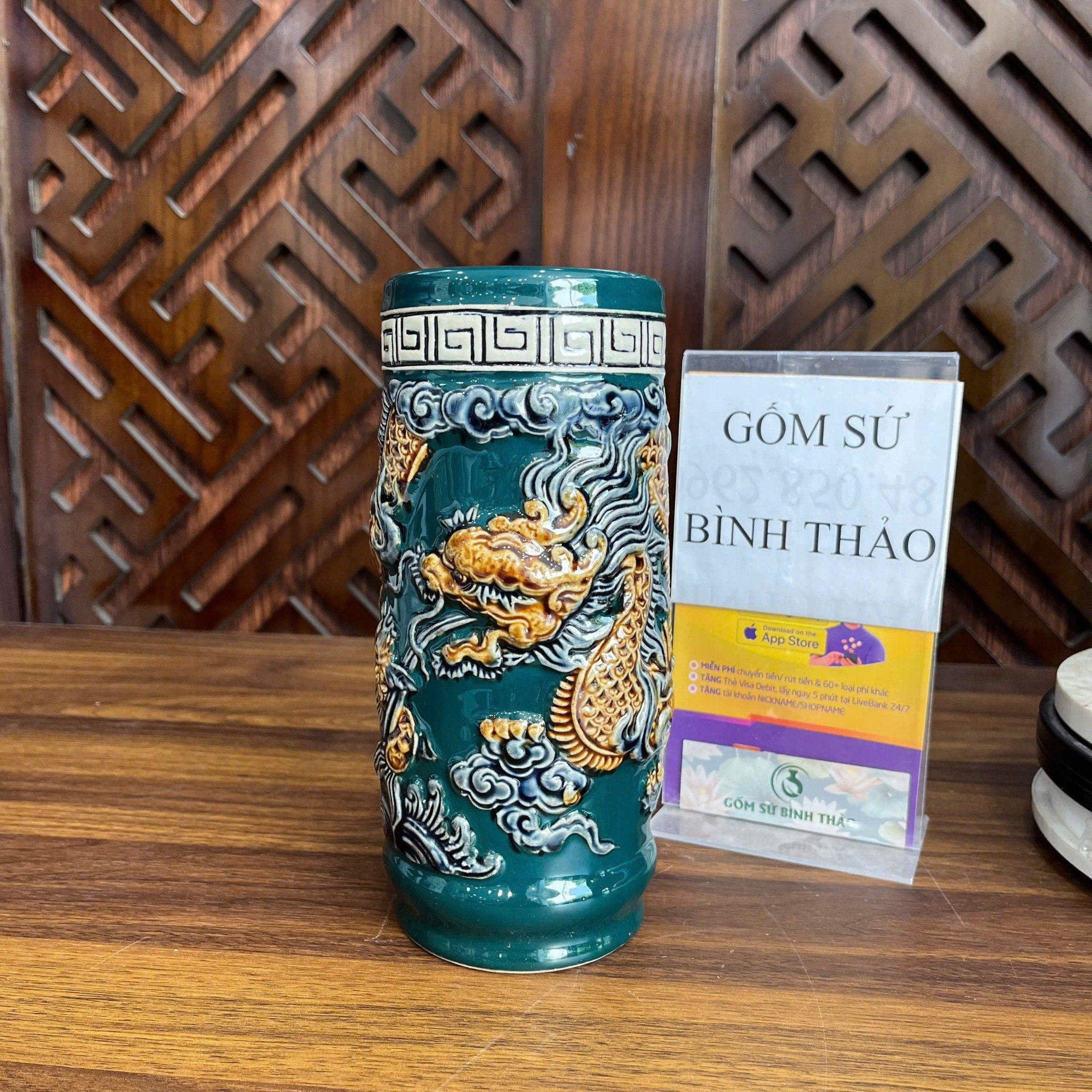  Ống hương rồng men xanh ngọc họa tiết đắp nổi - Gốm sứ Bát Tràng chính hãng 