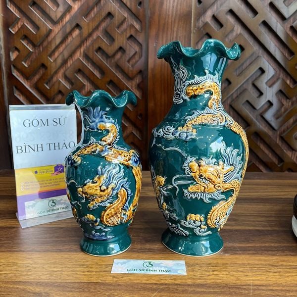  Lọ lượn rồng men xanh họa tiết đắp nổi - Gốm sứ Bát Tràng cao cấp 