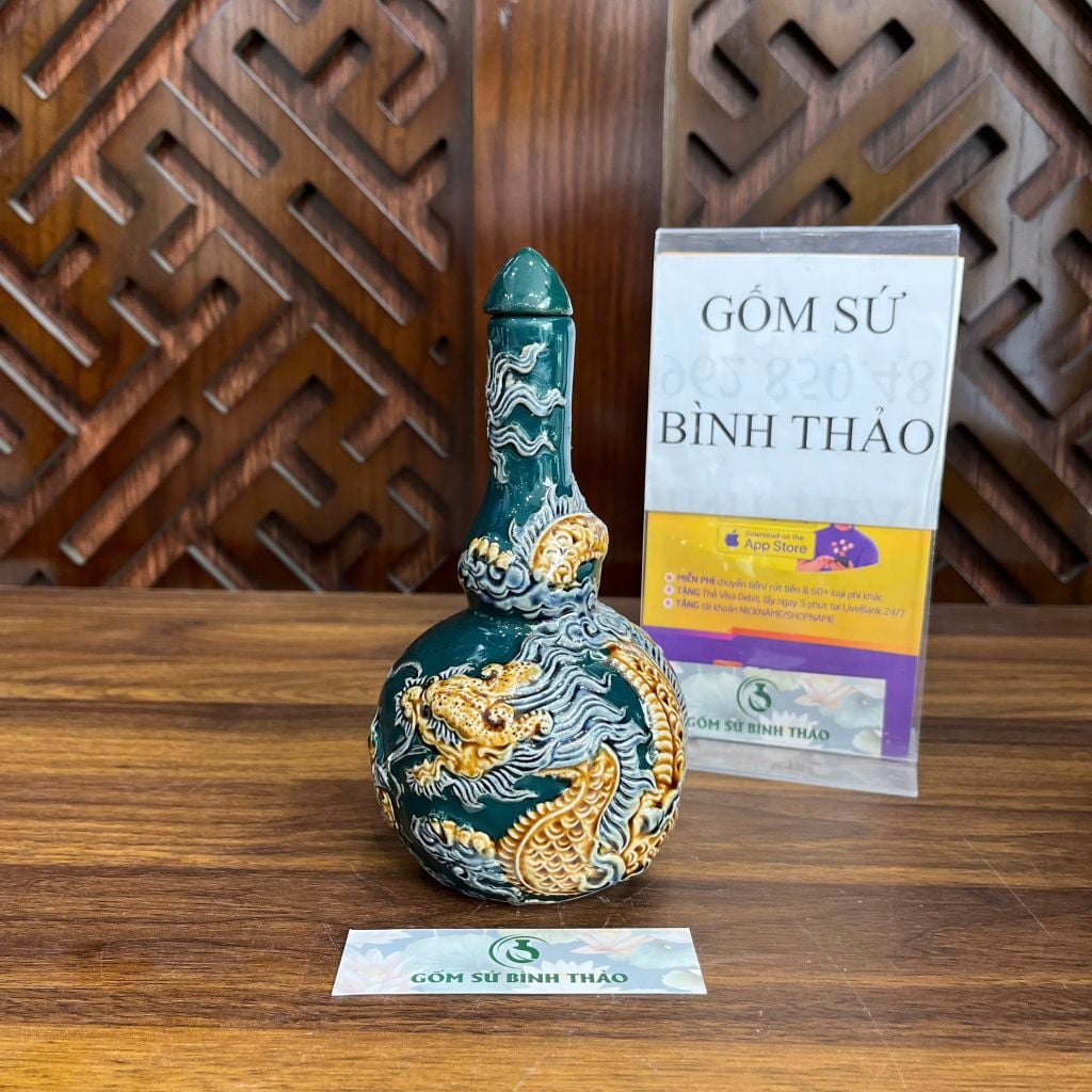  Nậm 2 bầu rồng men xanh ngọc họa tiết đắp nổi - Gốm sứ Bát Tràng chính hãng 