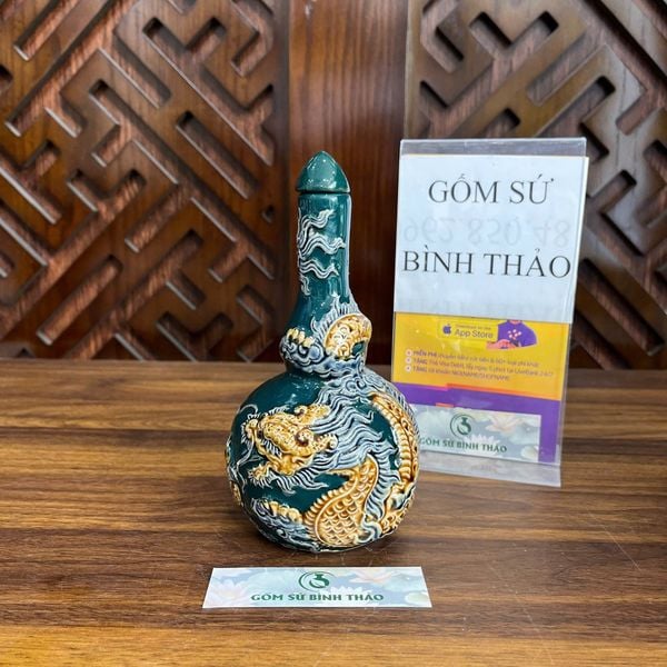  Nậm 2 bầu rồng men xanh ngọc họa tiết đắp nổi - Gốm sứ Bát Tràng chính hãng 