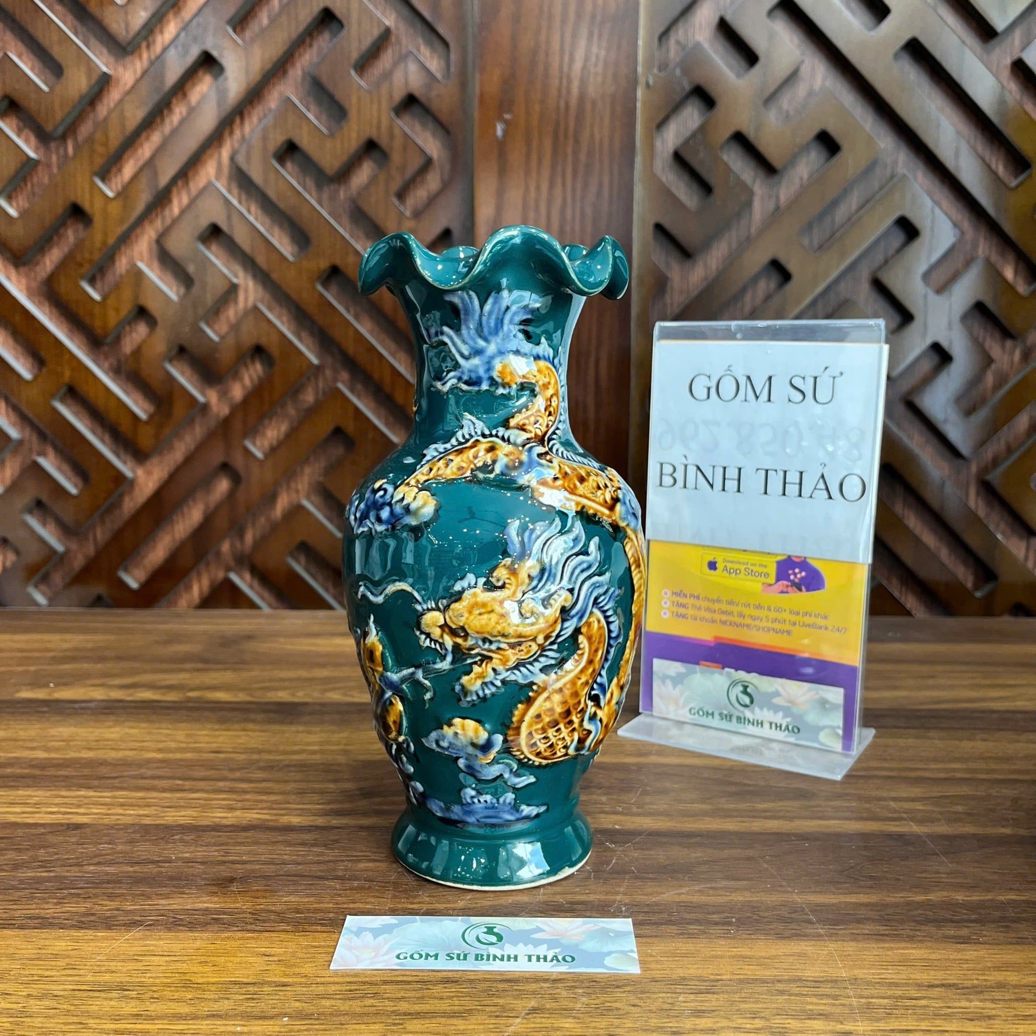  Lọ lượn rồng men xanh họa tiết đắp nổi - Gốm sứ Bát Tràng cao cấp 