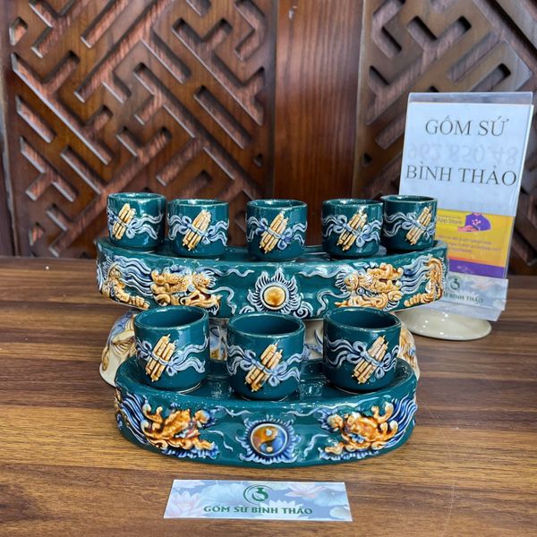  Bộ kỷ thờ cúng, bộ ly thờ, chung nước men xanh ngọc họa tiết rồng đắp nổi - Gốm sứ Bát Tràng cao cấp 