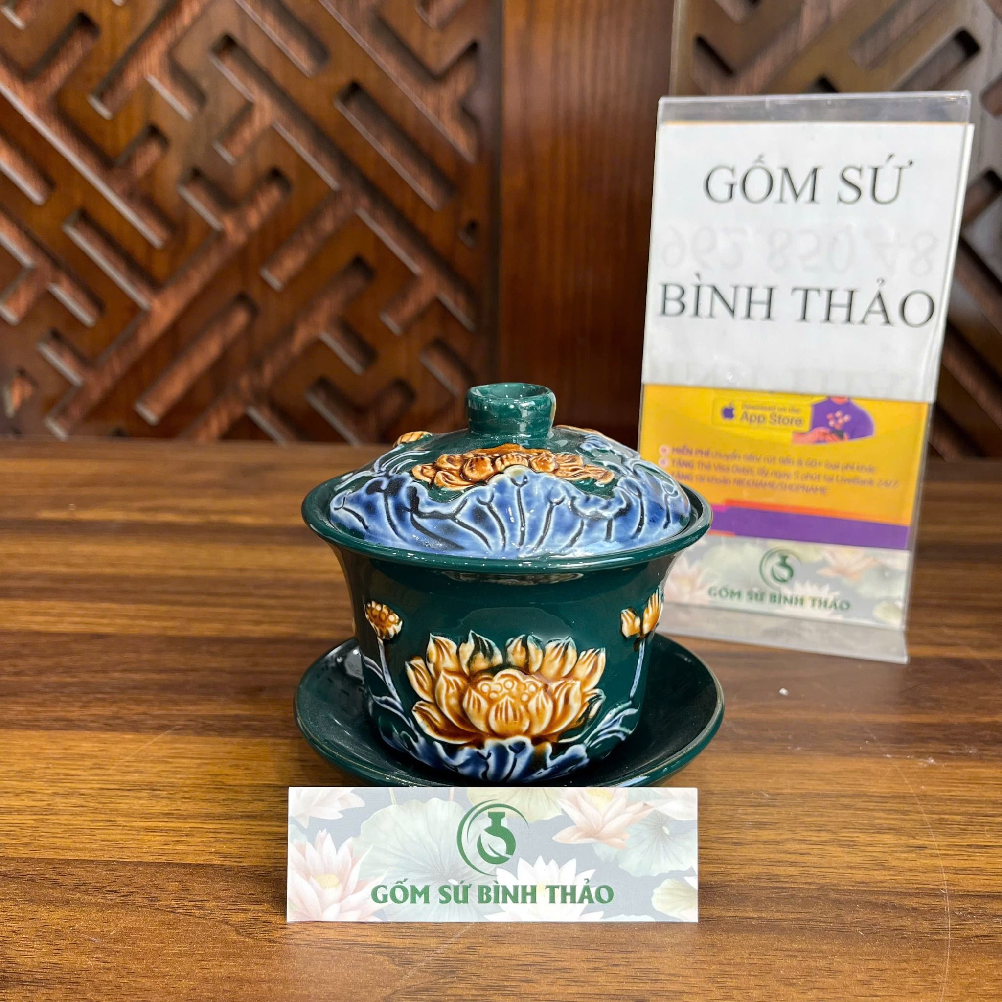  Bát sâm sen men xanh ngọc họa tiết đắp nổi - Gốm sứ Bát Tràng chính hãng 