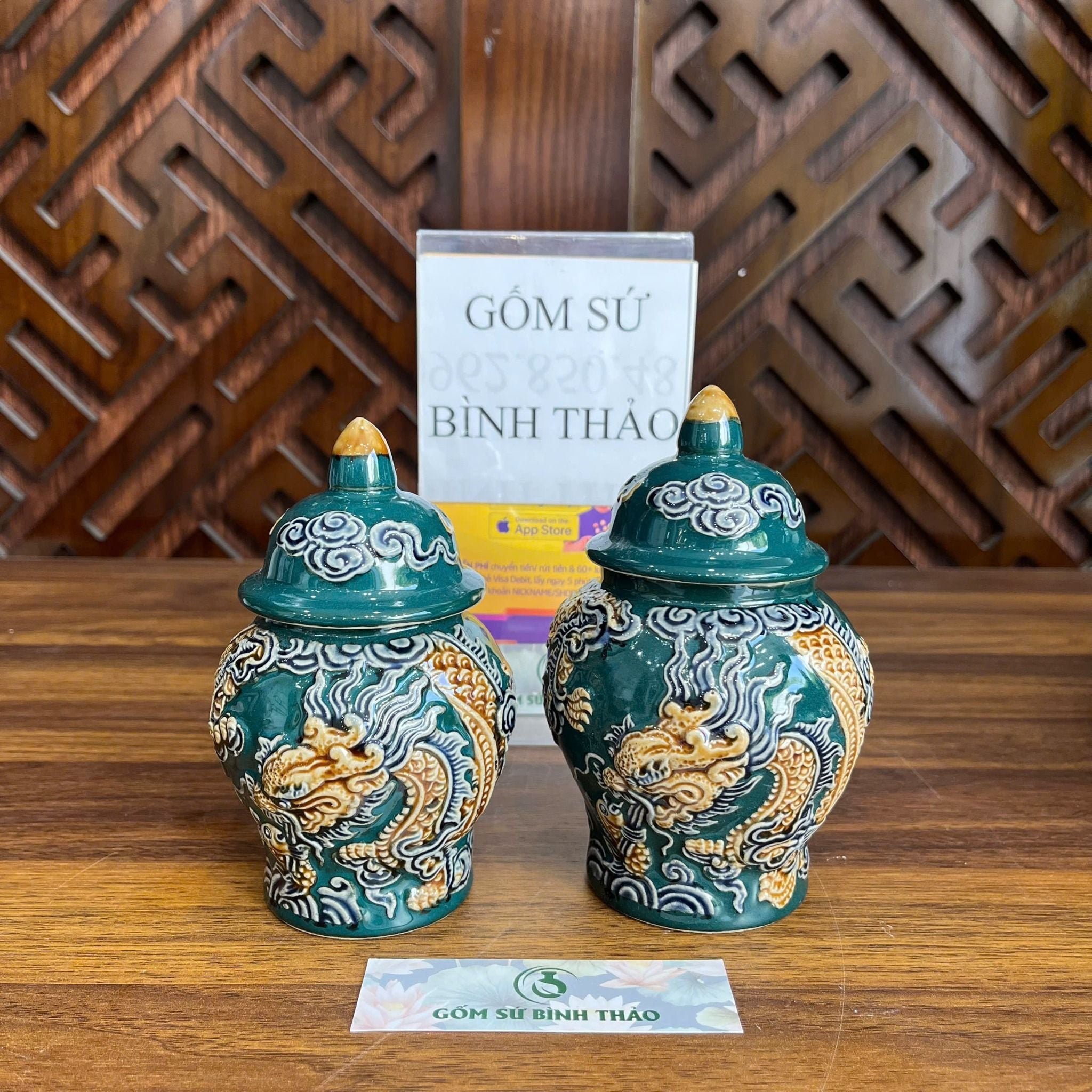  Chóe thờ, chum muối gạo thờ cúng men xanh ngọc họa tiết đắp nổi - Gốm sứ Bát Tràng chính hãng 