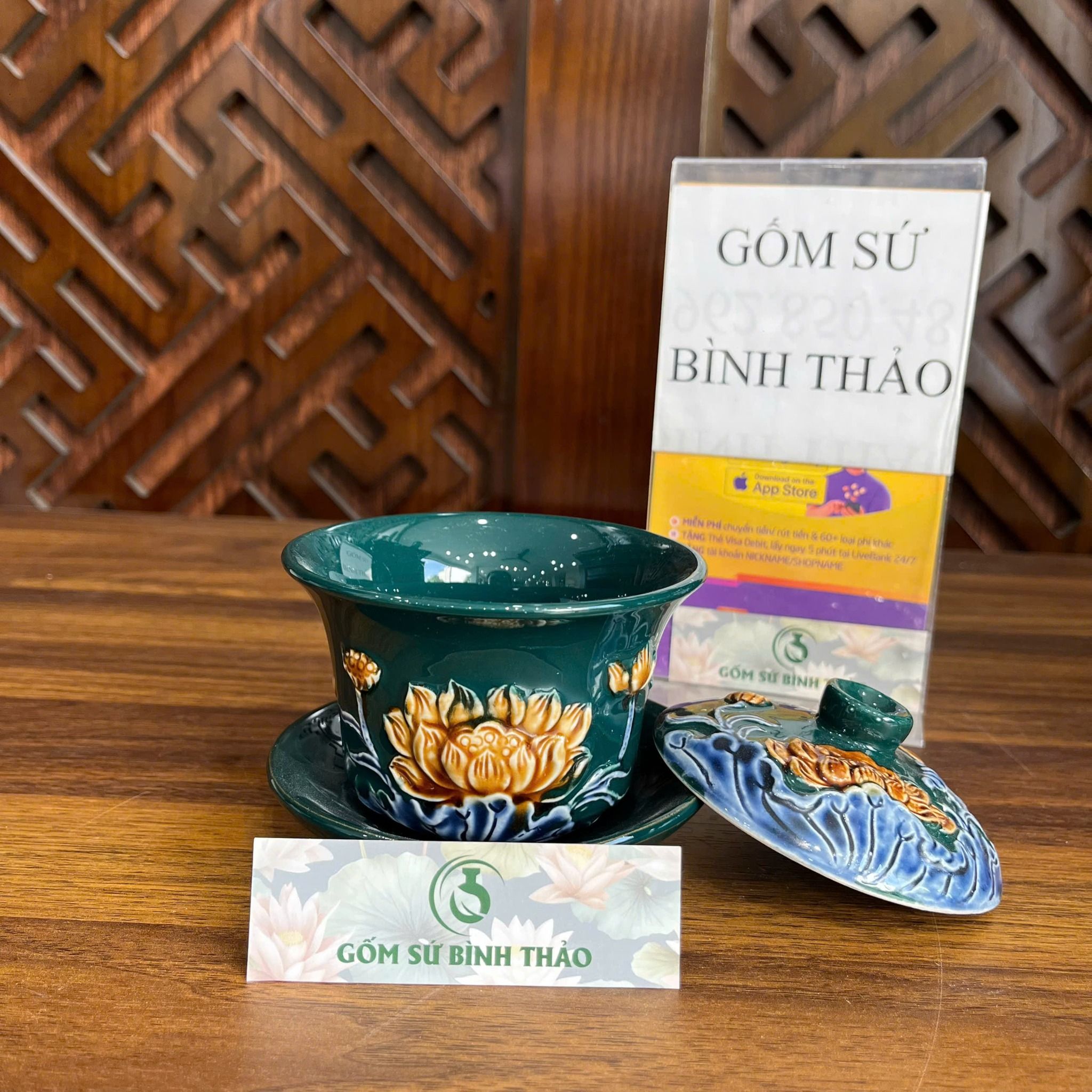  Bát sâm sen men xanh ngọc họa tiết đắp nổi - Gốm sứ Bát Tràng chính hãng 