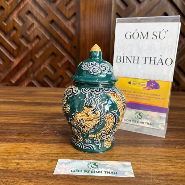  Chóe thờ, chum muối gạo thờ cúng men xanh ngọc họa tiết đắp nổi - Gốm sứ Bát Tràng chính hãng 