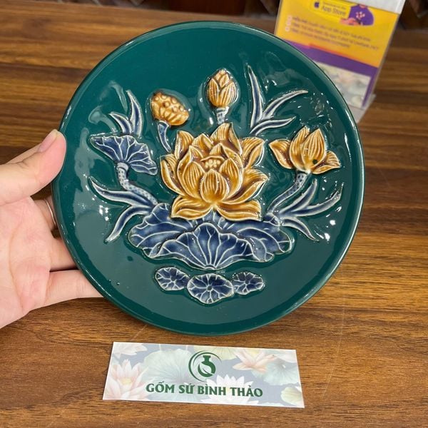  Mâm bồng, đĩa đựng hoa quả, đĩa trầu men xanh ngọc họa tiết rồng/ sen đắp nổi - Gốm sứ Bát Tràng 