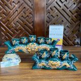  Bộ kỷ thờ cúng, bộ ly thờ, chung nước men xanh ngọc họa tiết rồng đắp nổi - Gốm sứ Bát Tràng cao cấp 