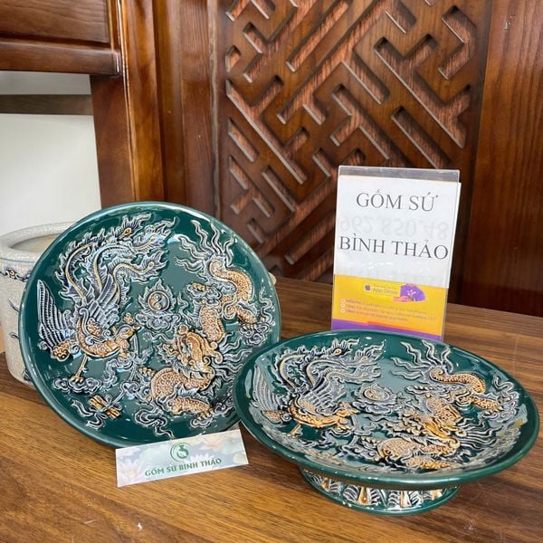  Mâm bồng, đĩa đựng hoa quả, đĩa trầu men xanh ngọc họa tiết rồng/ sen đắp nổi - Gốm sứ Bát Tràng 