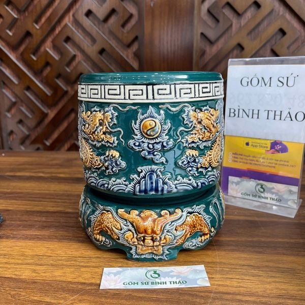  Bát hương rồng men xanh ngọc họa tiết đắp nổi, Bát hương thờ thần linh, gia tiên - Gốm sứ Bát Tràng 