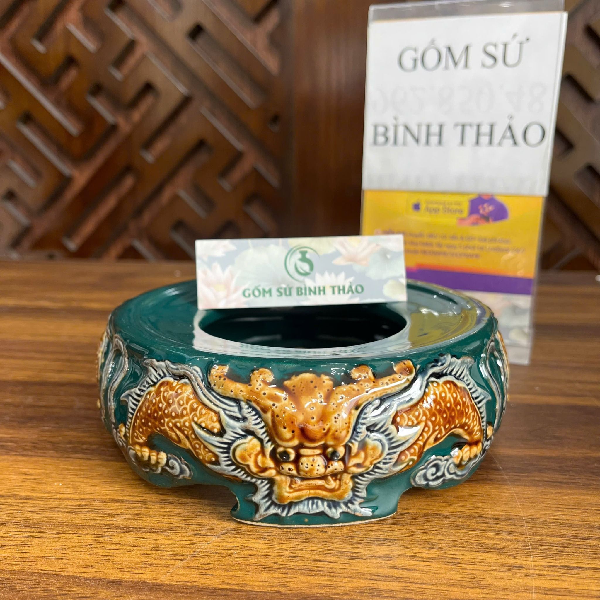  Bát hương rồng men xanh ngọc họa tiết đắp nổi, Bát hương thờ thần linh, gia tiên - Gốm sứ Bát Tràng 