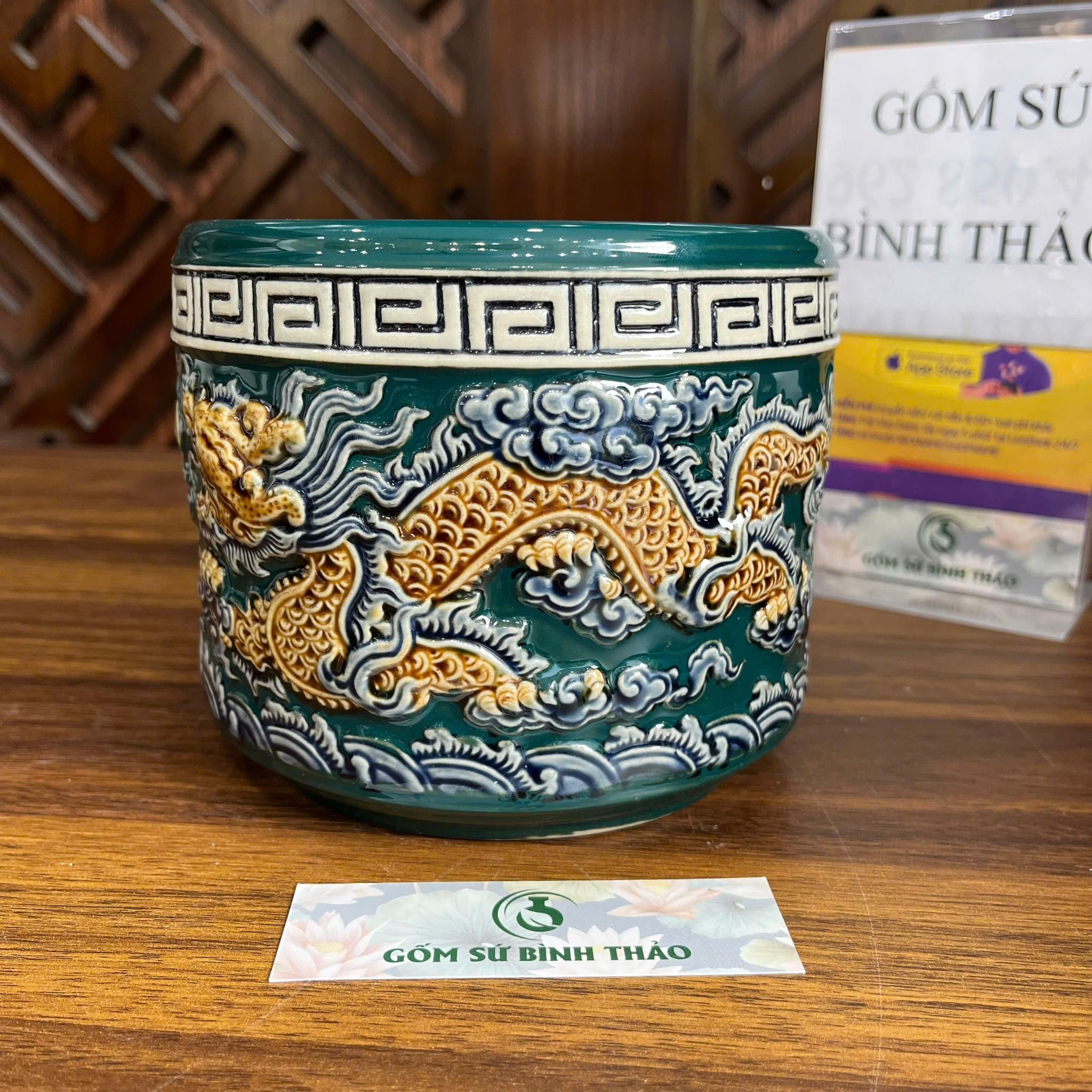  Bát hương rồng men xanh ngọc họa tiết đắp nổi, Bát hương thờ thần linh, gia tiên - Gốm sứ Bát Tràng 