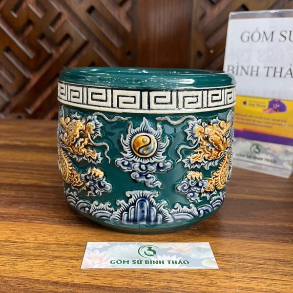  Bát hương rồng men xanh ngọc họa tiết đắp nổi, Bát hương thờ thần linh, gia tiên - Gốm sứ Bát Tràng 